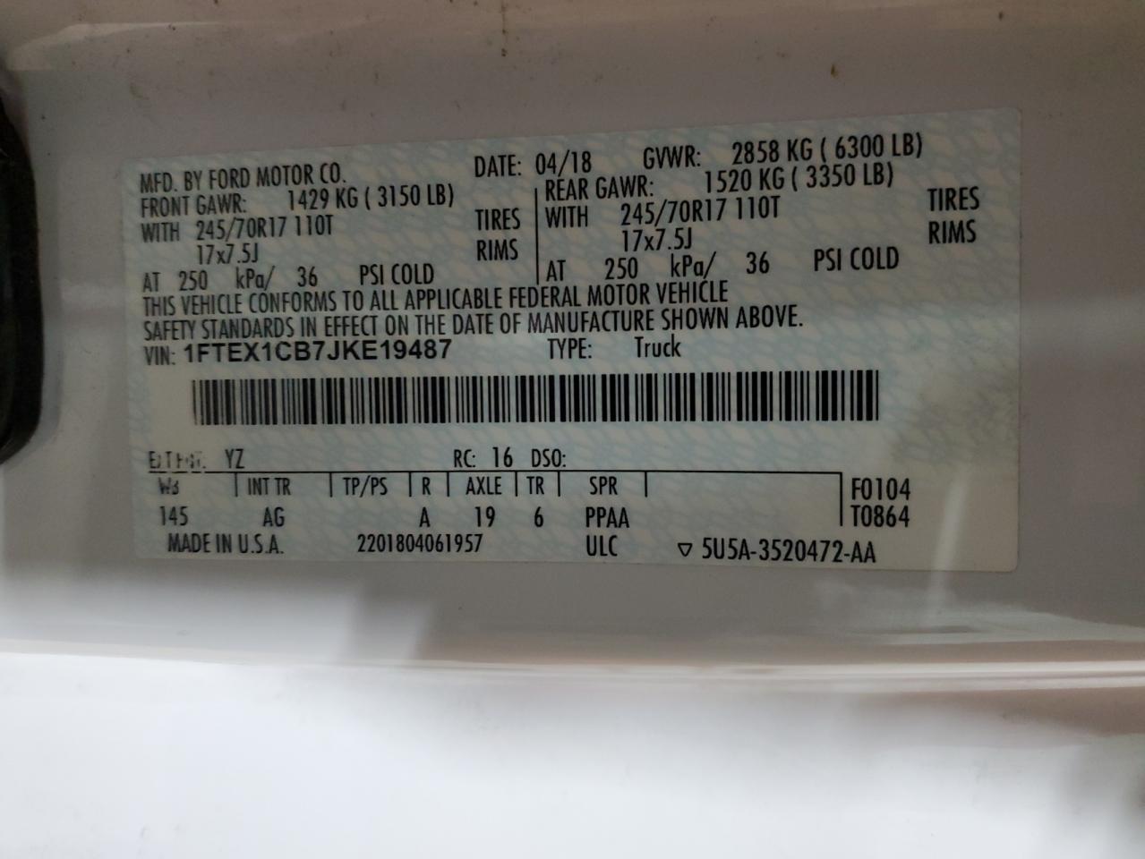2018 Ford F-150 VIN 1FTEX1CB7JKE19487 Copart auction photo, front end damage thumbnail 12
