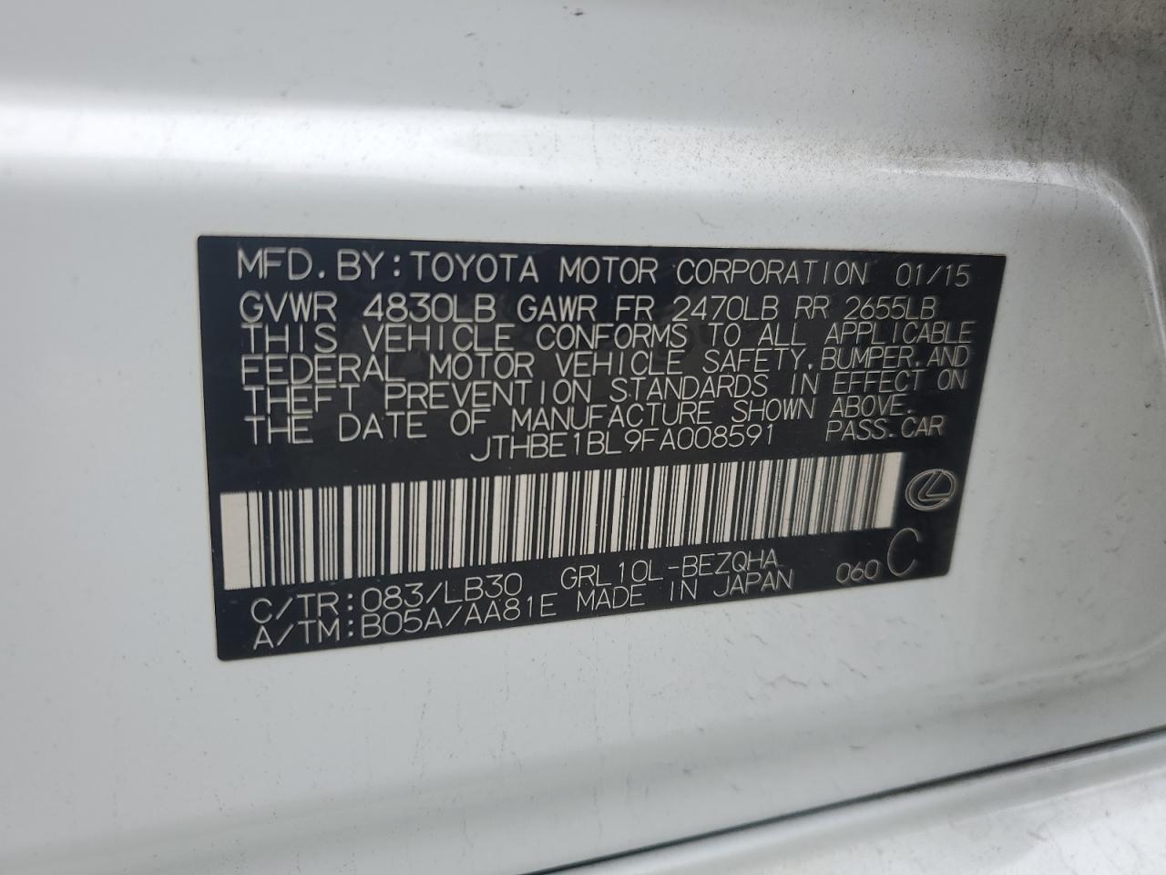 2015 Lexus GS VIN JTHBE1BL9FA008591 Copart auction photo, all over damage thumbnail 12