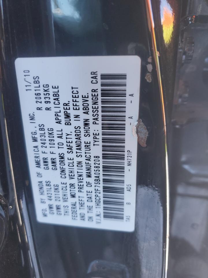 2011 Honda Accord VIN 1HGCP2F75BA058208 Copart auction photo, front end damage thumbnail 13