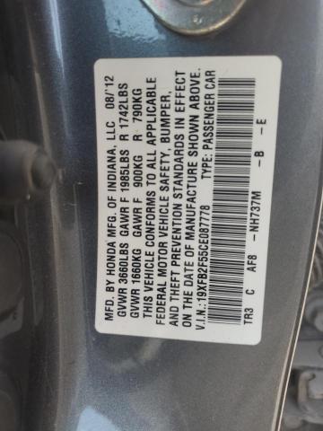 2012 Honda Civic VIN 19XFB2F55CE087778 Copart auction photo, rear end damage thumbnail 12
