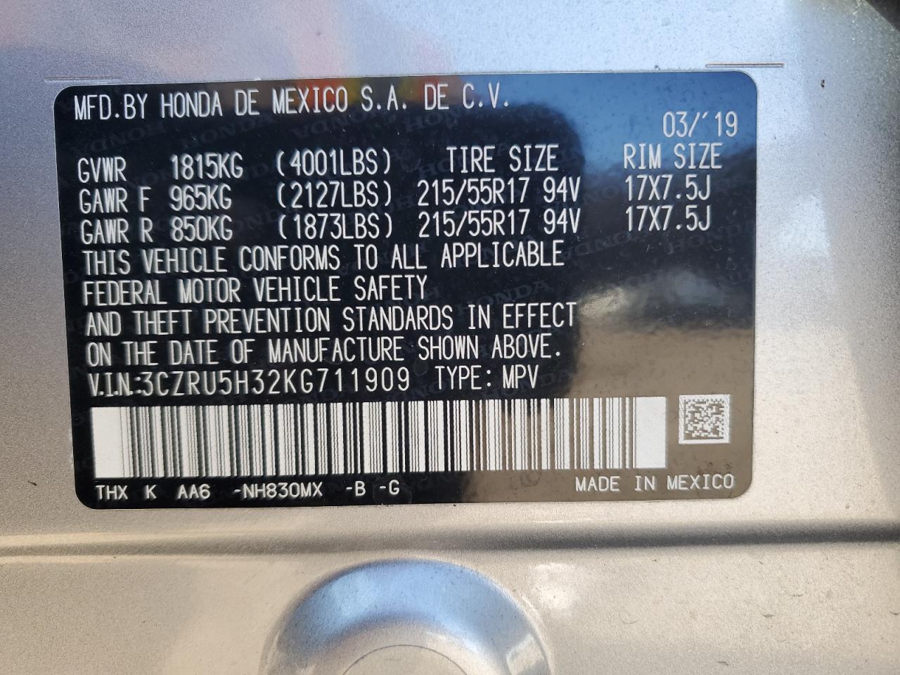 2019 Honda HR-V VIN 3CZRU5H32KG711909 Copart auction photo, side / front end damage thumbnail 14