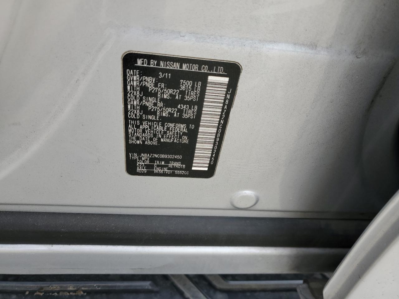 2011 Infiniti QX56 VIN JN8AZ2NC0B9302450 Copart auction photo, rear end / undercarriage damage thumbnail 15