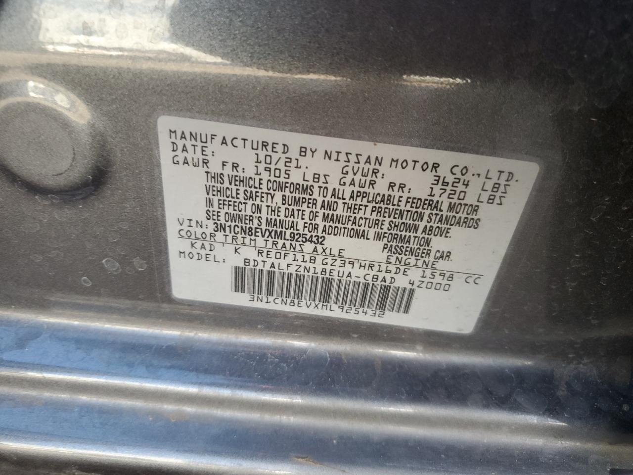 2021 Nissan Versa VIN 3N1CN8EVXML925432 Copart auction photo, front end damage thumbnail 15