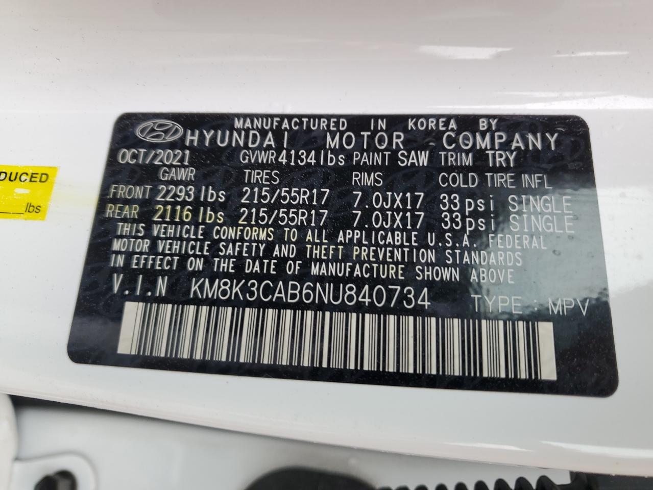 2022 Hyundai Kona VIN KM8K3CAB6NU840734 Copart auction photo, front end / minor dent/scratches damage thumbnail 12