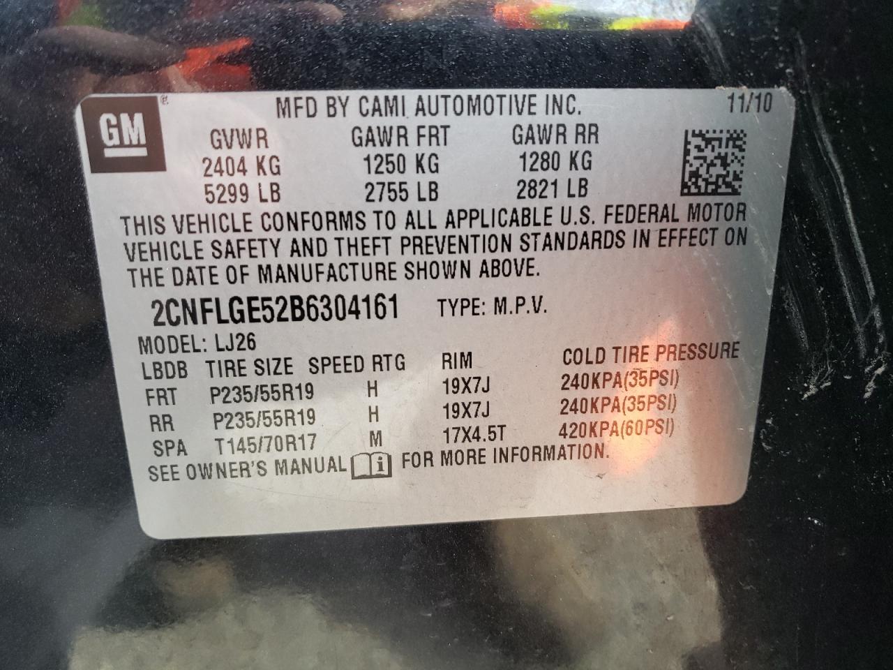 2011 Chevrolet Equinox VIN 2CNFLGE52B6304161 Copart auction photo, front end / hail damage thumbnail 14