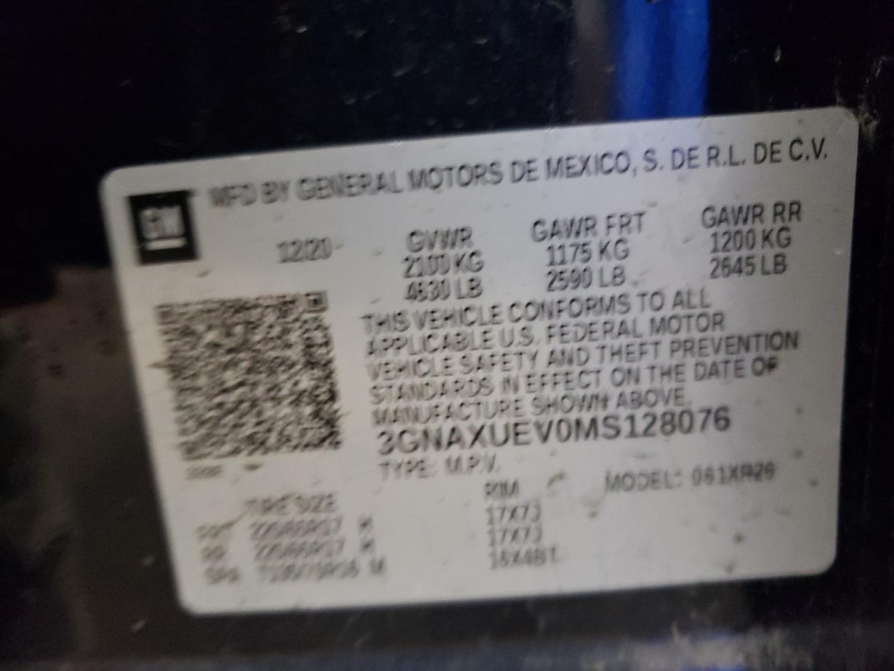 2021 Chevrolet Equinox VIN 3GNAXUEV0MS128076 Copart auction photo, side / rear end damage thumbnail 12