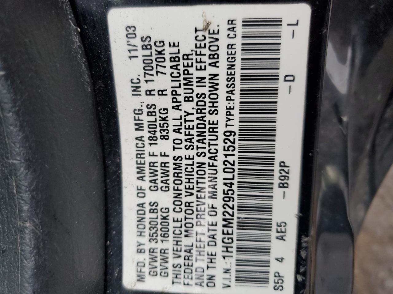 2004 Honda Civic VIN 1HGEM22954L021529 Copart auction photo, front end / side damage thumbnail 13