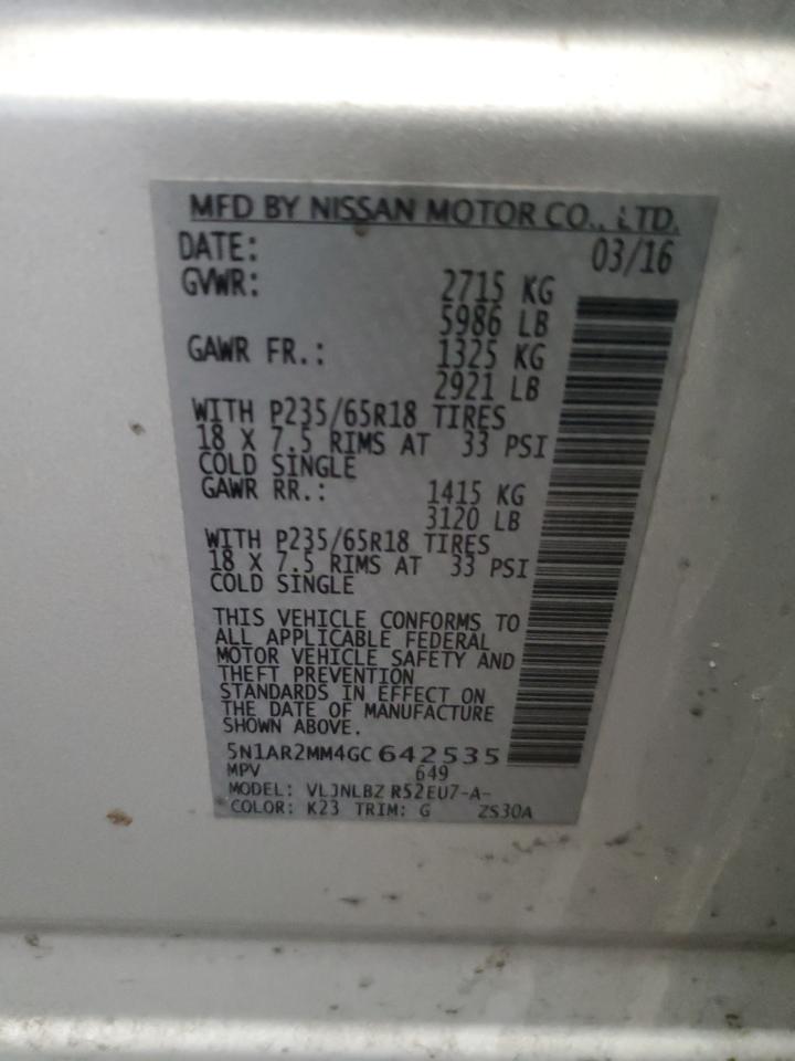 2016 Nissan Pathfinder VIN 5N1AR2MM4GC642535 Copart auction photo, side / front end damage thumbnail 13
