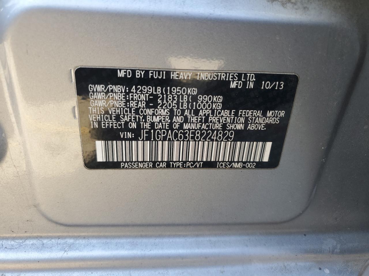 2014 Subaru Impreza VIN JF1GPAC63E8224829 Copart auction photo, front end damage thumbnail 13