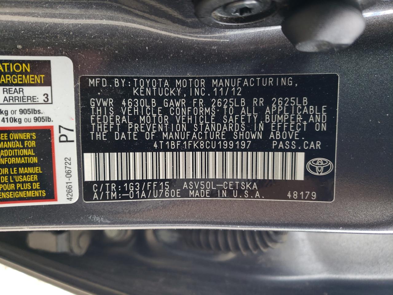 2012 Toyota Camry VIN 4T1BF1FK8CU199197 Copart auction photo, rollover damage thumbnail 13