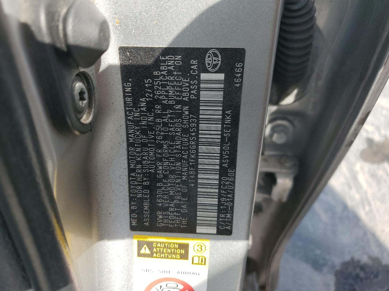 2016 Toyota Camry VIN 4T4BF1FK6GR545937 Copart auction photo, front end / side damage thumbnail 12