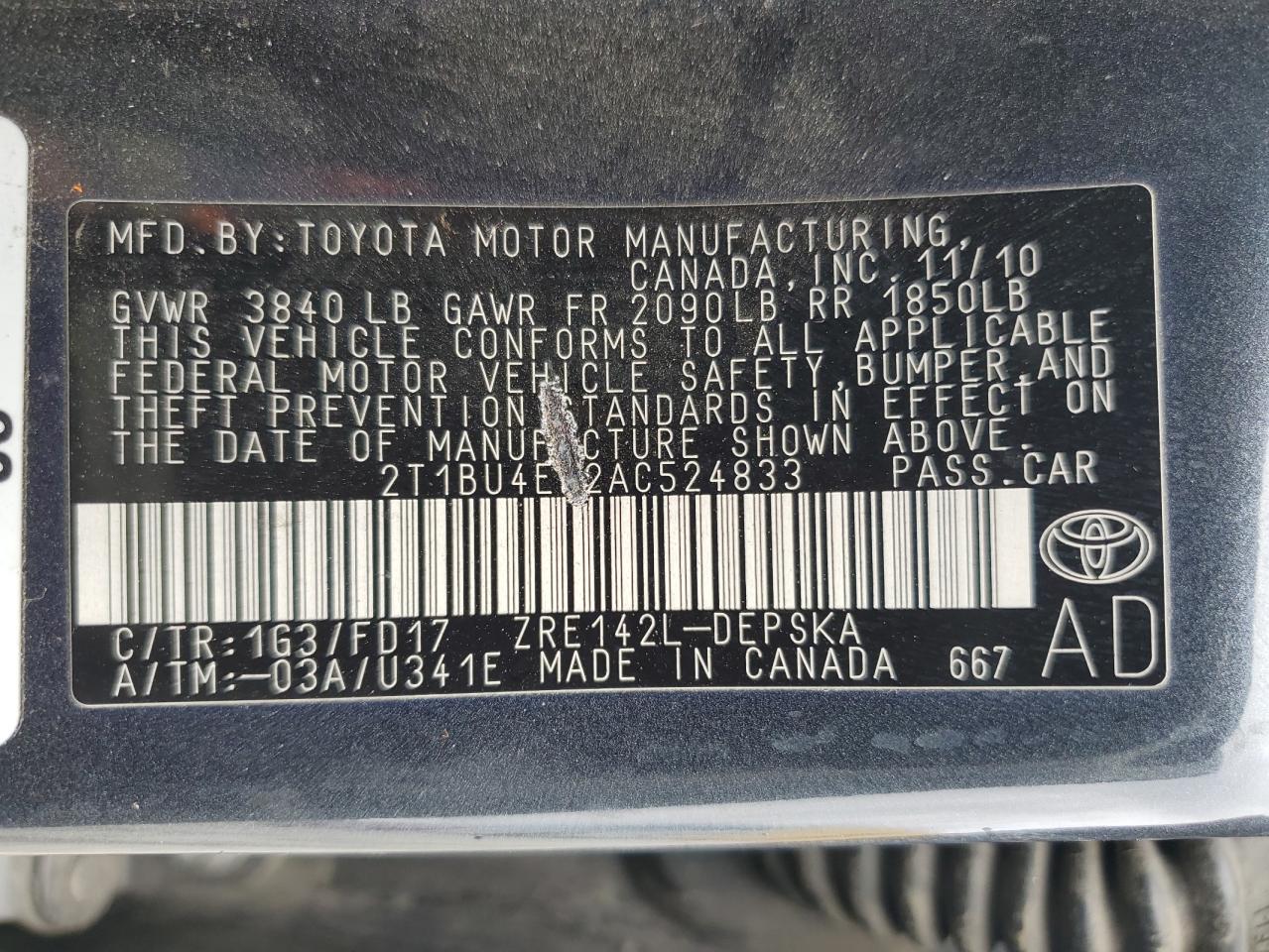 2010 Toyota Corolla VIN 2T1BU4EE2AC524833 Copart auction photo, all over damage thumbnail 13