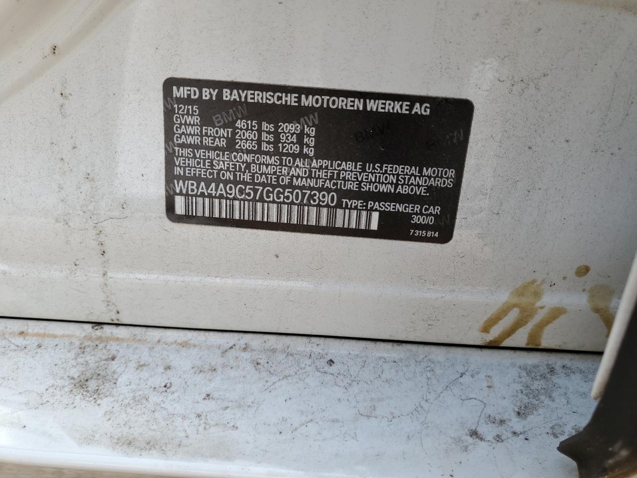 2016 BMW 4er VIN WBA4A9C57GG507390 Copart auction photo, top/roof / undercarriage damage thumbnail 14