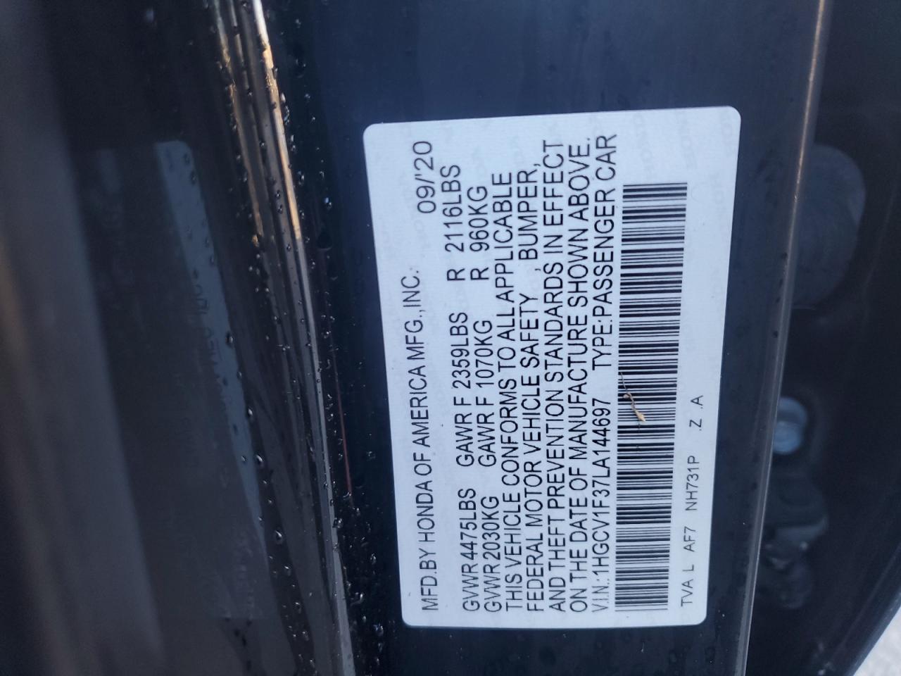 2020 Honda Accord VIN 1HGCV1F37LA144697 Copart auction photo, front end damage thumbnail 13