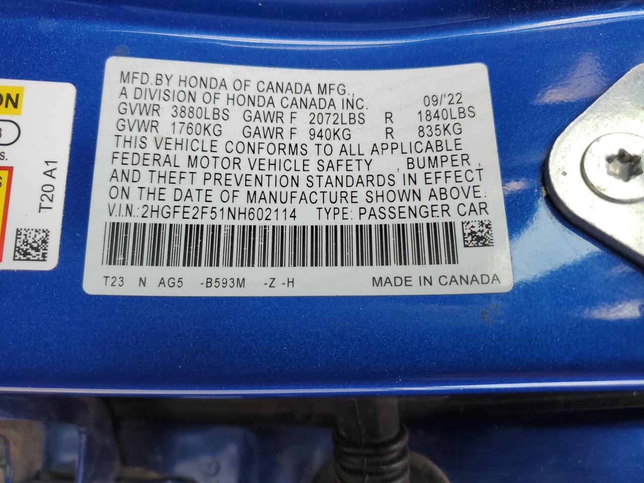2022 Honda Civic VIN 2HGFE2F51NH602114 Copart auction photo, front end damage thumbnail 14