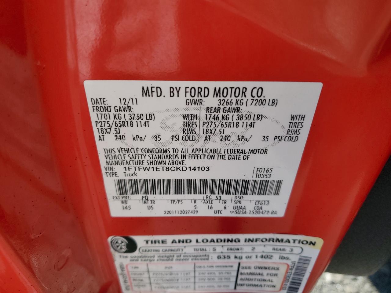 2012 Ford F-150 VIN 1FTFW1ET8CKD14103 Copart auction photo, burn - engine / burn - interior damage thumbnail 13