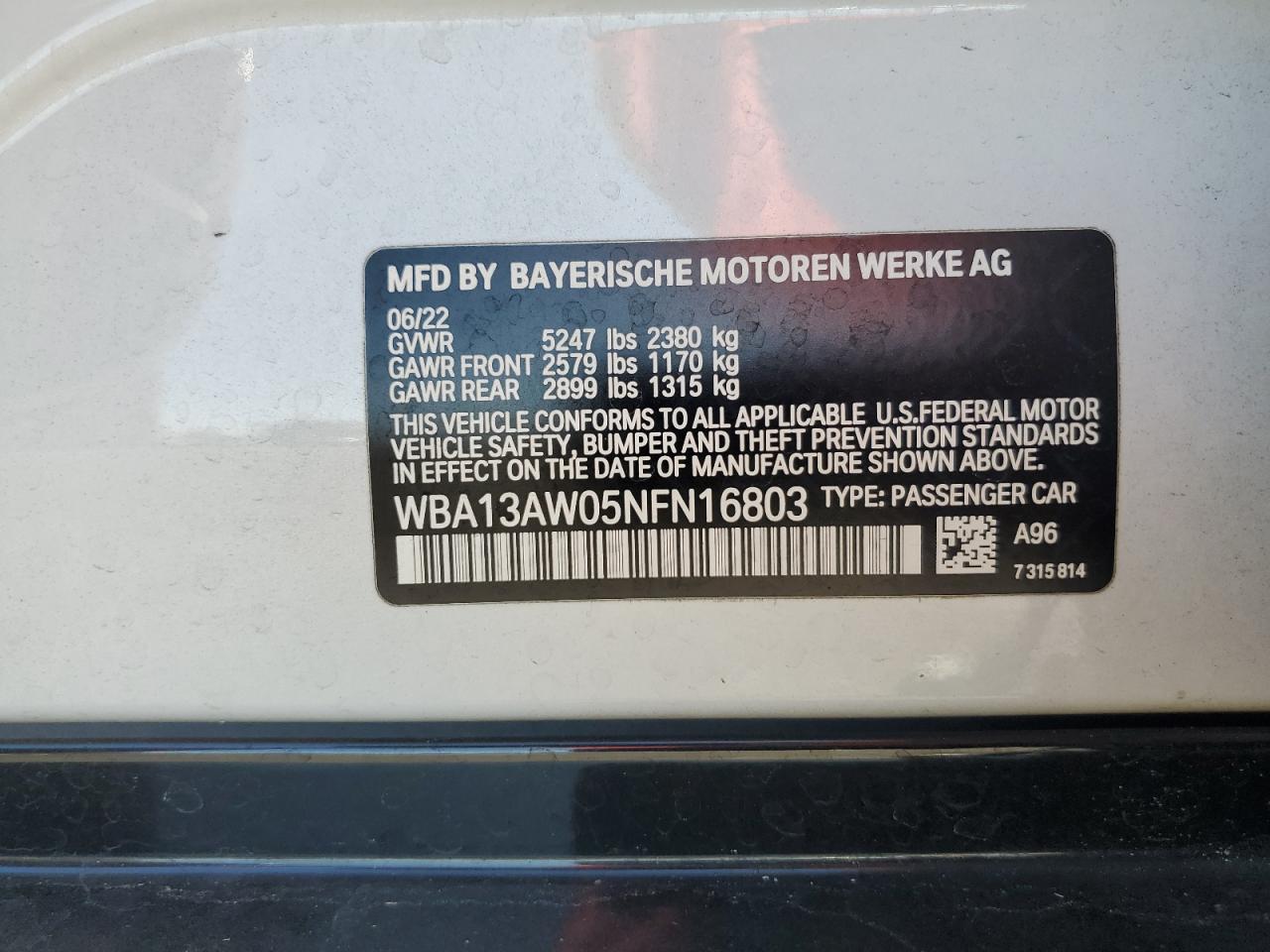2022 BMW 4er VIN WBA13AW05NFN16803 Copart auction photo, front end damage thumbnail 14