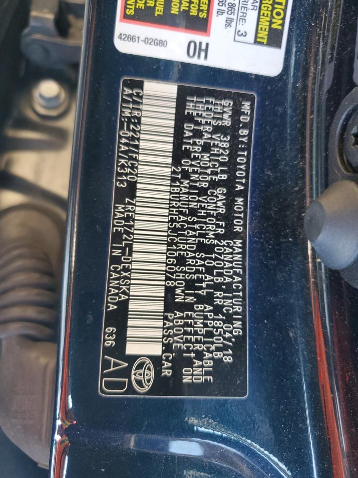 2018 Toyota Corolla VIN 2T1BURHE5JC106078 Copart auction photo, rear end damage thumbnail 14