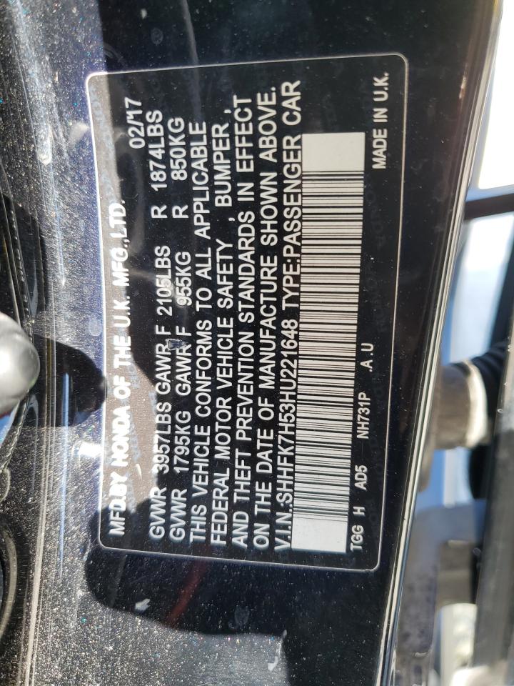 2017 Honda Civic VIN SHHFK7H53HU221648 Copart auction photo, side / front end damage thumbnail 14