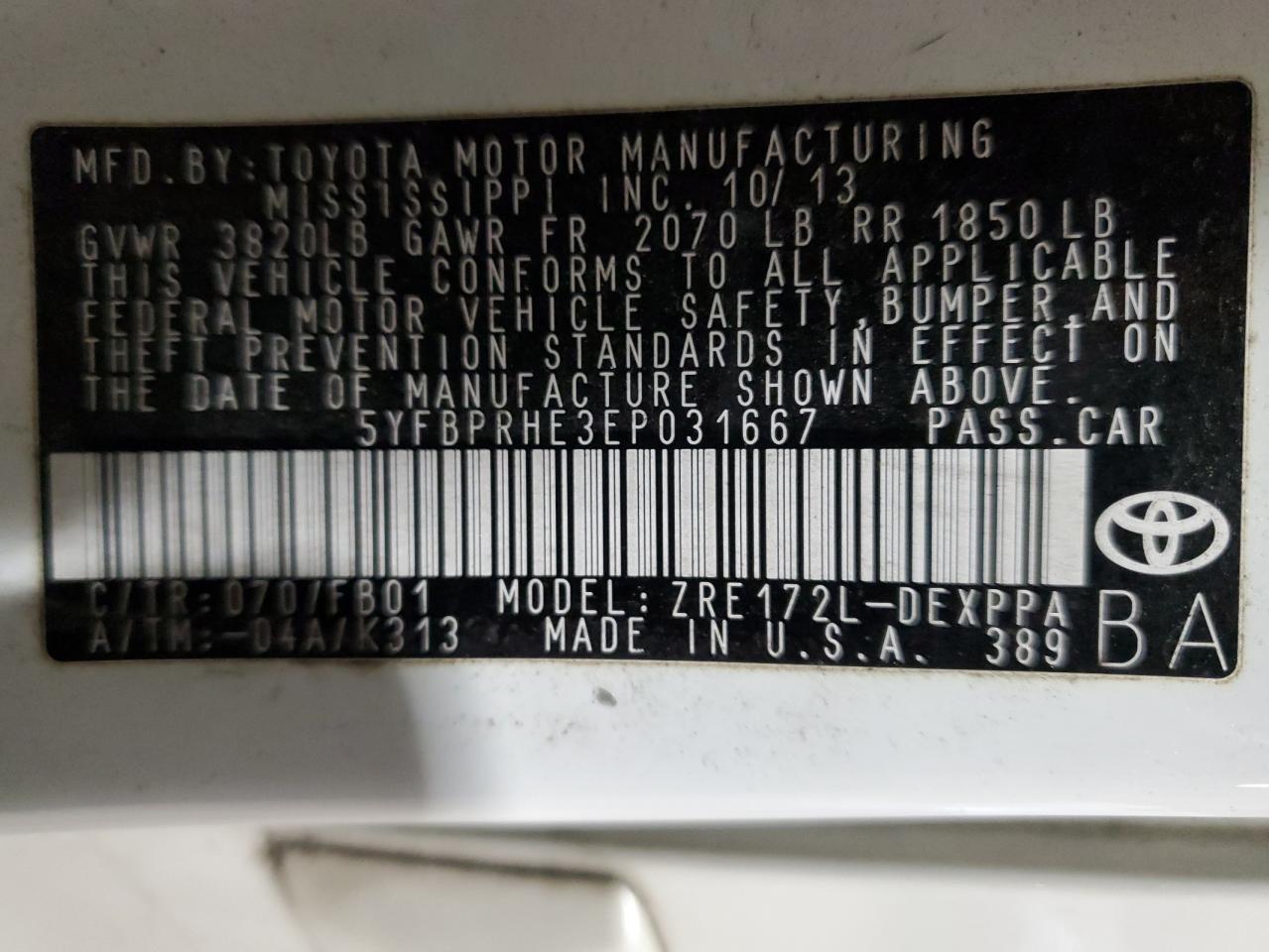 2014 Toyota Corolla VIN 5YFBPRHE3EP031667 Copart auction photo, front end damage thumbnail 14