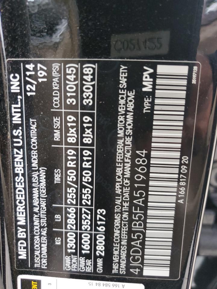 2015 Mercedes-Benz M-klasse VIN 4JGDA5JB5FA519684 Copart auction photo, side / minor dent/scratches damage thumbnail 15