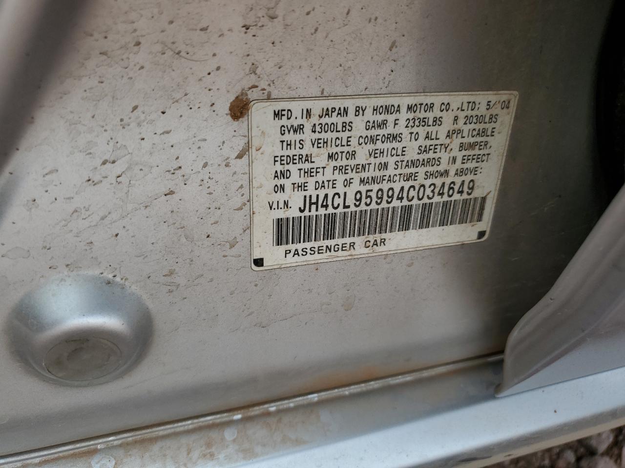 2004 Acura TSX VIN JH4CL95994C034649 Copart auction photo, front end damage thumbnail 14