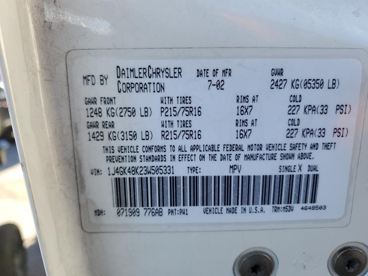 2003 Jeep Liberty (North America) VIN 1J4GK48K23W505331 Copart auction photo, side damage thumbnail 13