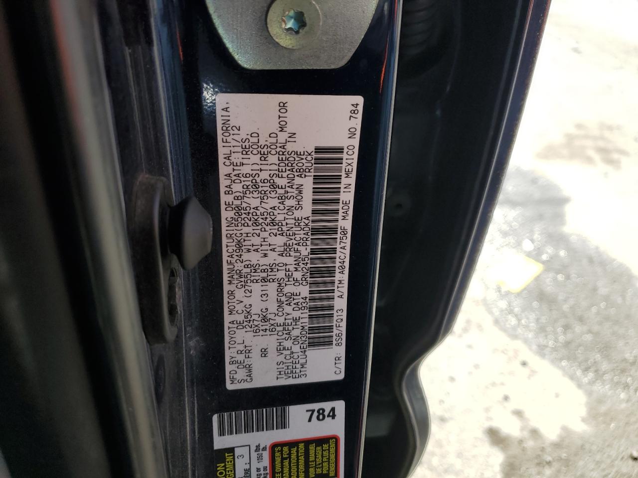 2013 Toyota Tacoma VIN 3TMLU4EN3DM111934 Copart auction photo, frame damage / rear end damage thumbnail 12