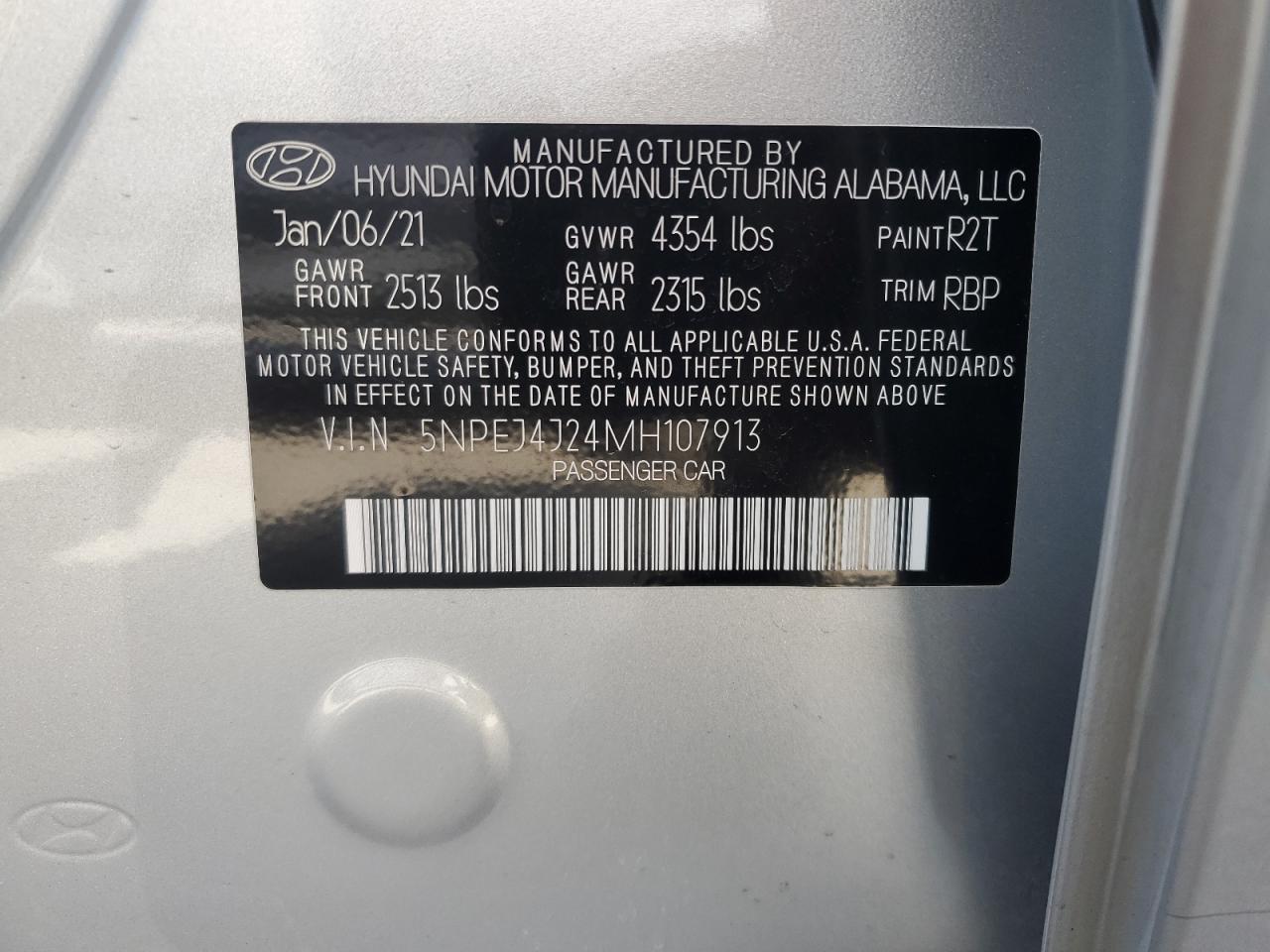 2021 Hyundai Sonata VIN 5NPEJ4J24MH107913 Copart auction photo, front end / rear end damage thumbnail 12