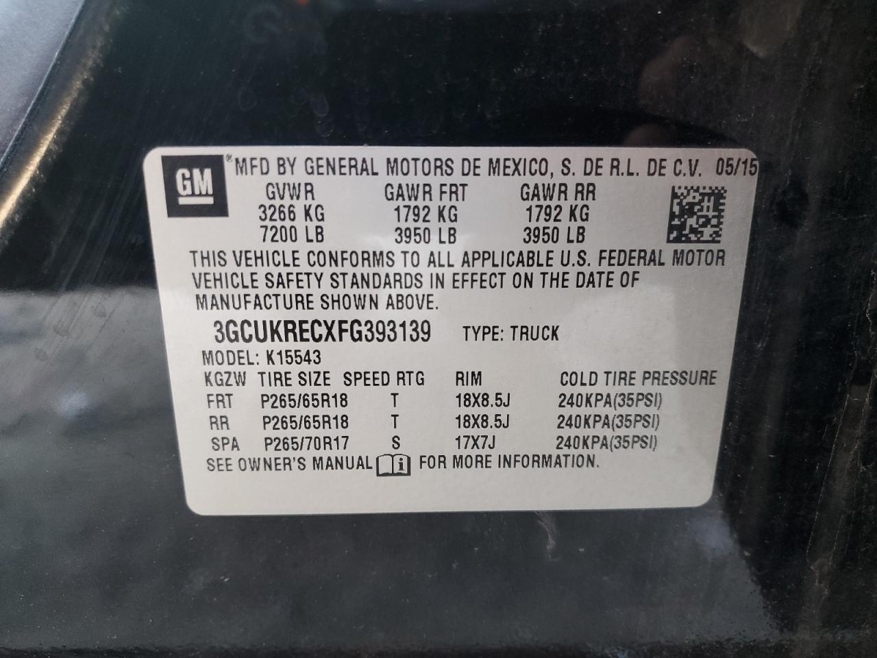 2015 Chevrolet Silverado VIN 3GCUKRECXFG393139 Copart auction photo, front end / vandalism damage thumbnail 12