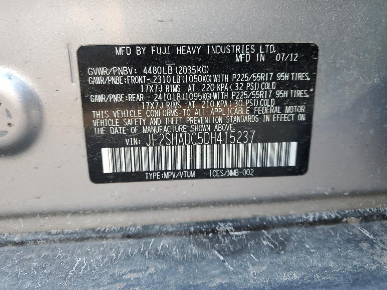 2013 Subaru Forester VIN JF2SHADC5DH415237 Copart auction photo, front end damage thumbnail 14