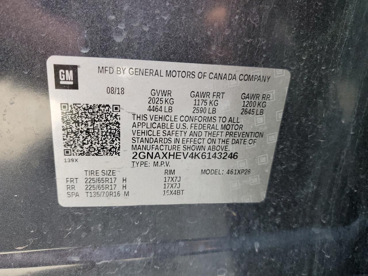 2019 Chevrolet Equinox VIN 2GNAXHEV4K6143246 Copart auction photo, rear end / side damage thumbnail 13