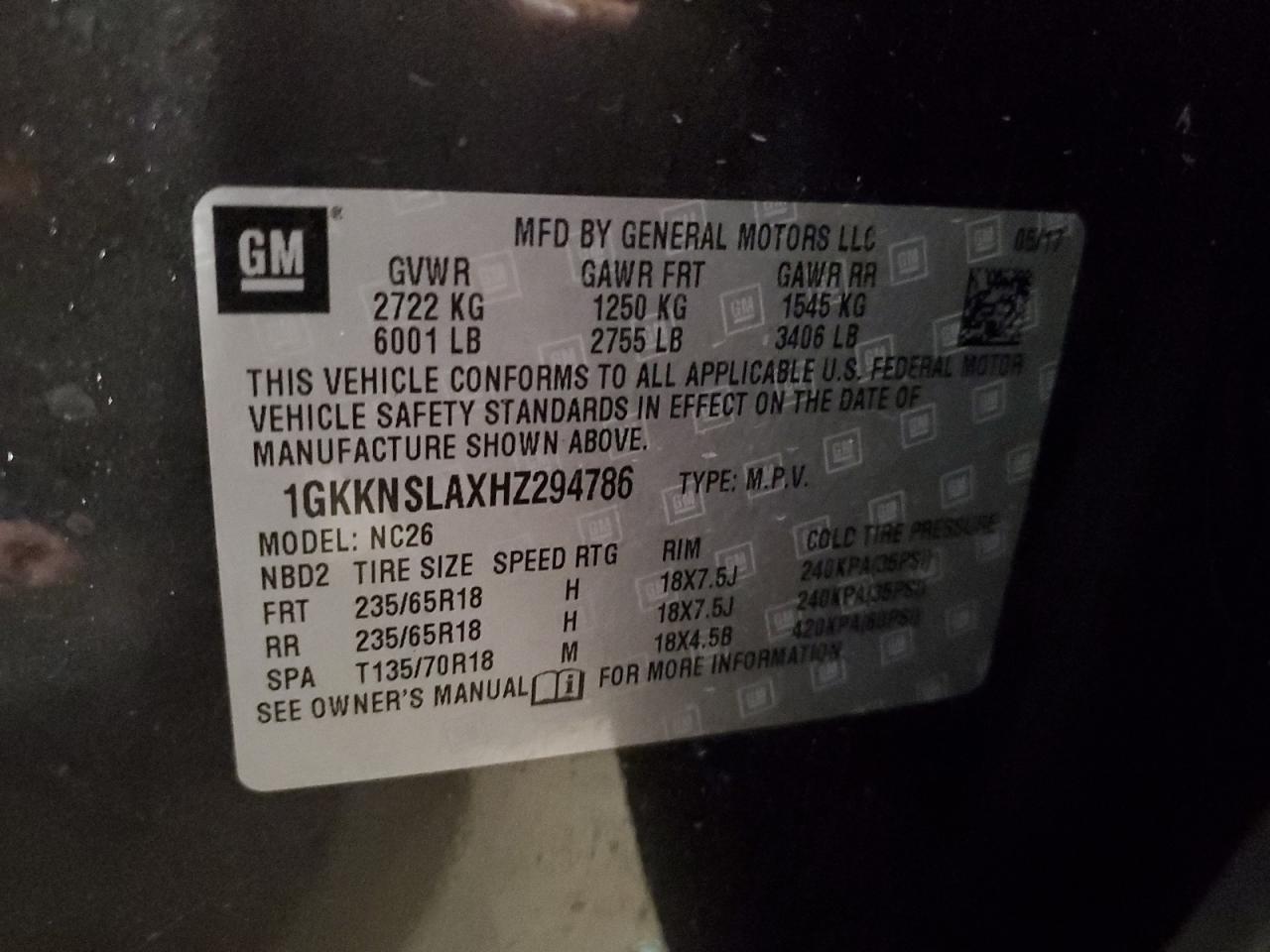 2017 GMC Acadia VIN 1GKKNSLAXHZ294786 Copart auction photo, front end damage thumbnail 14