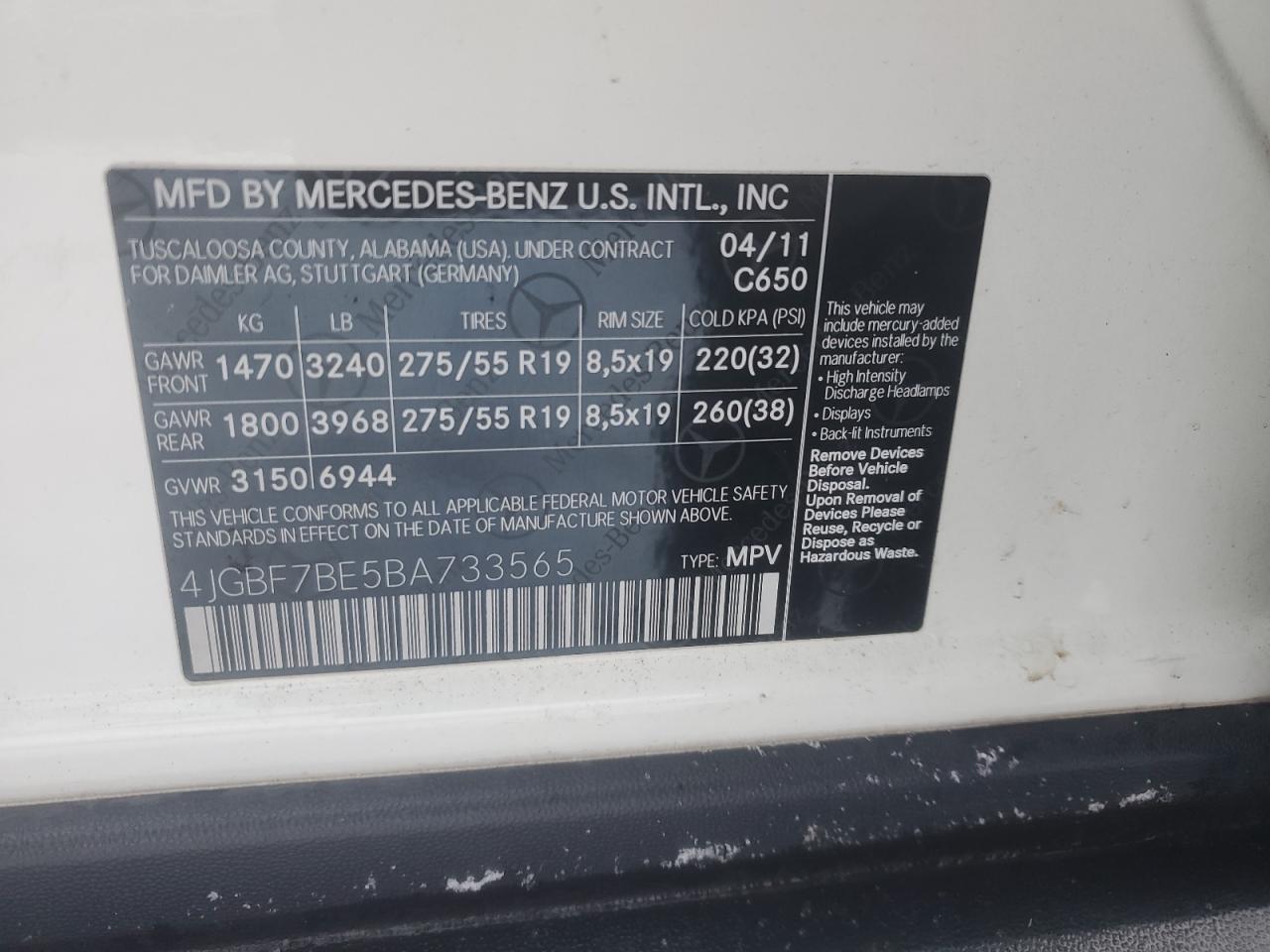 2011 Mercedes-Benz GL-klasse VIN 4JGBF7BE5BA733565 Copart auction photo, front end / side damage thumbnail 13
