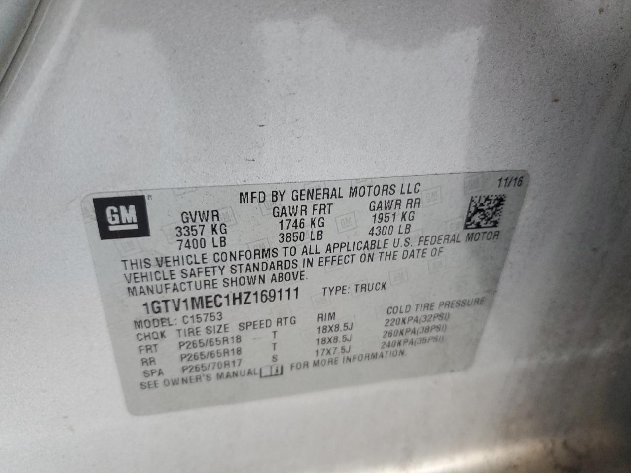 2017 GMC Sierra VIN 1GTV1MEC1HZ169111 Copart auction photo, front end / rear end damage thumbnail 14