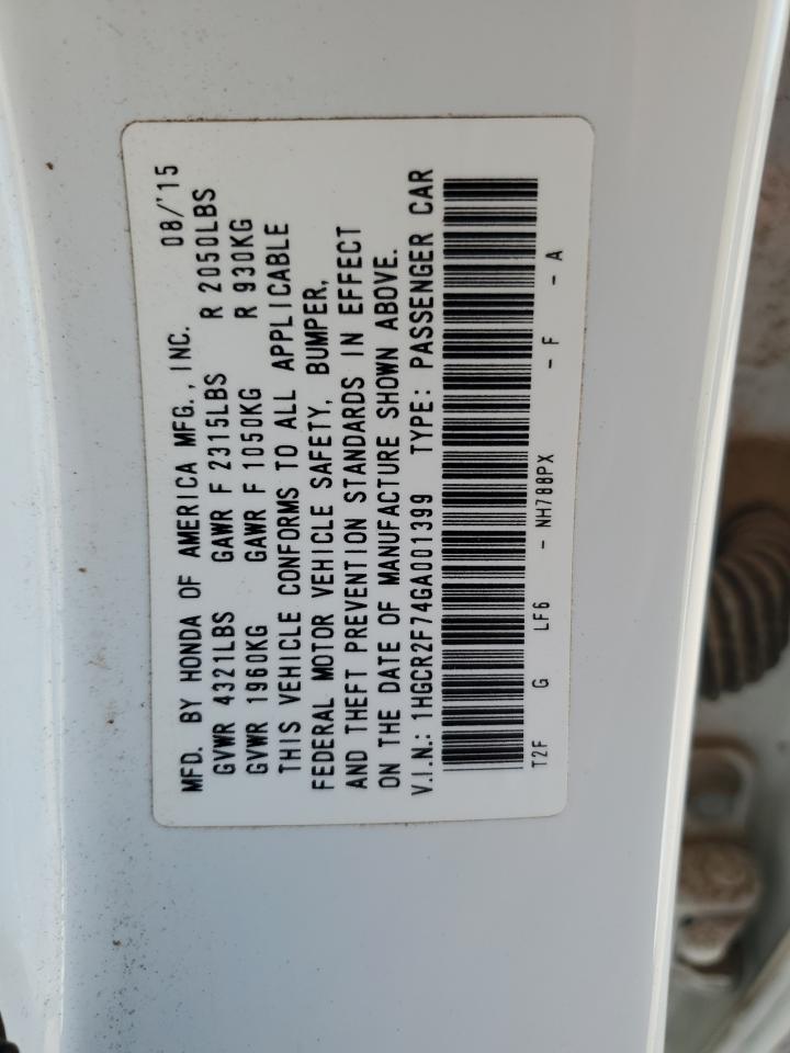 2016 Honda Accord VIN 1HGCR2F74GA001399 Copart auction photo, water/flood damage thumbnail 13