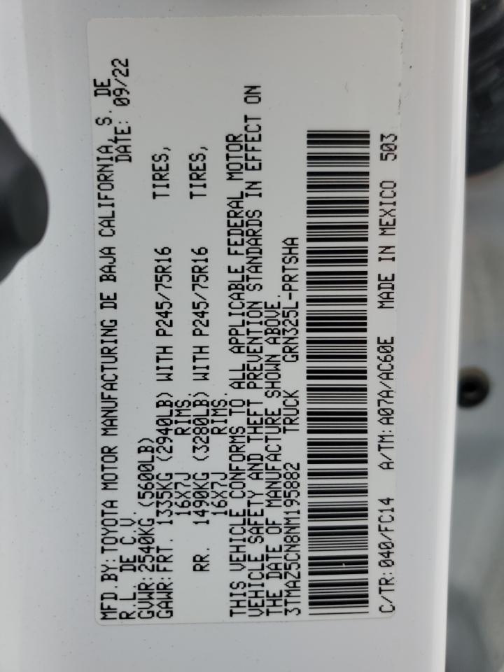 2022 Toyota Tacoma VIN 3TMAZ5CN8NM195882 Copart auction photo, front end / minor dent/scratches damage thumbnail 13