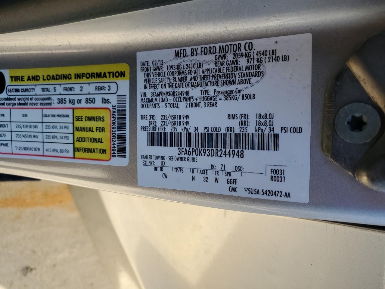 2013 Ford Fusion VIN 3FA6P0K93DR244948 Copart auction photo, front end / undercarriage damage thumbnail 14