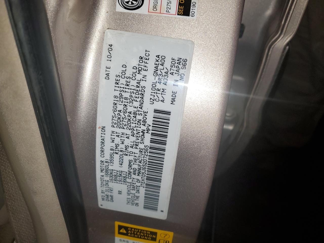 2005 Toyota Land Cruiser VIN JTEHT05J652072565 Copart auction photo, front end damage thumbnail 13