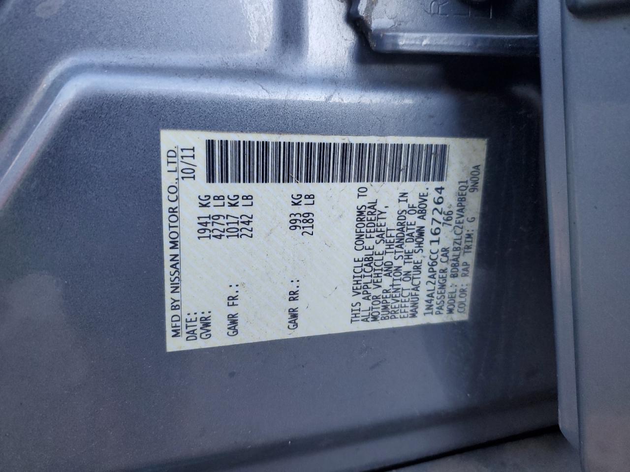 2012 Nissan Altima VIN 1N4AL2AP6CC167264 Copart auction photo, front end damage thumbnail 13