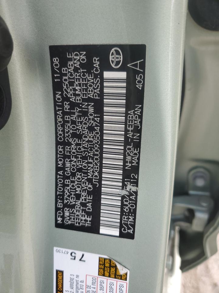 2009 Toyota Prius VIN JTDKB20U093504741 Copart auction photo, front end / rear end damage thumbnail 12