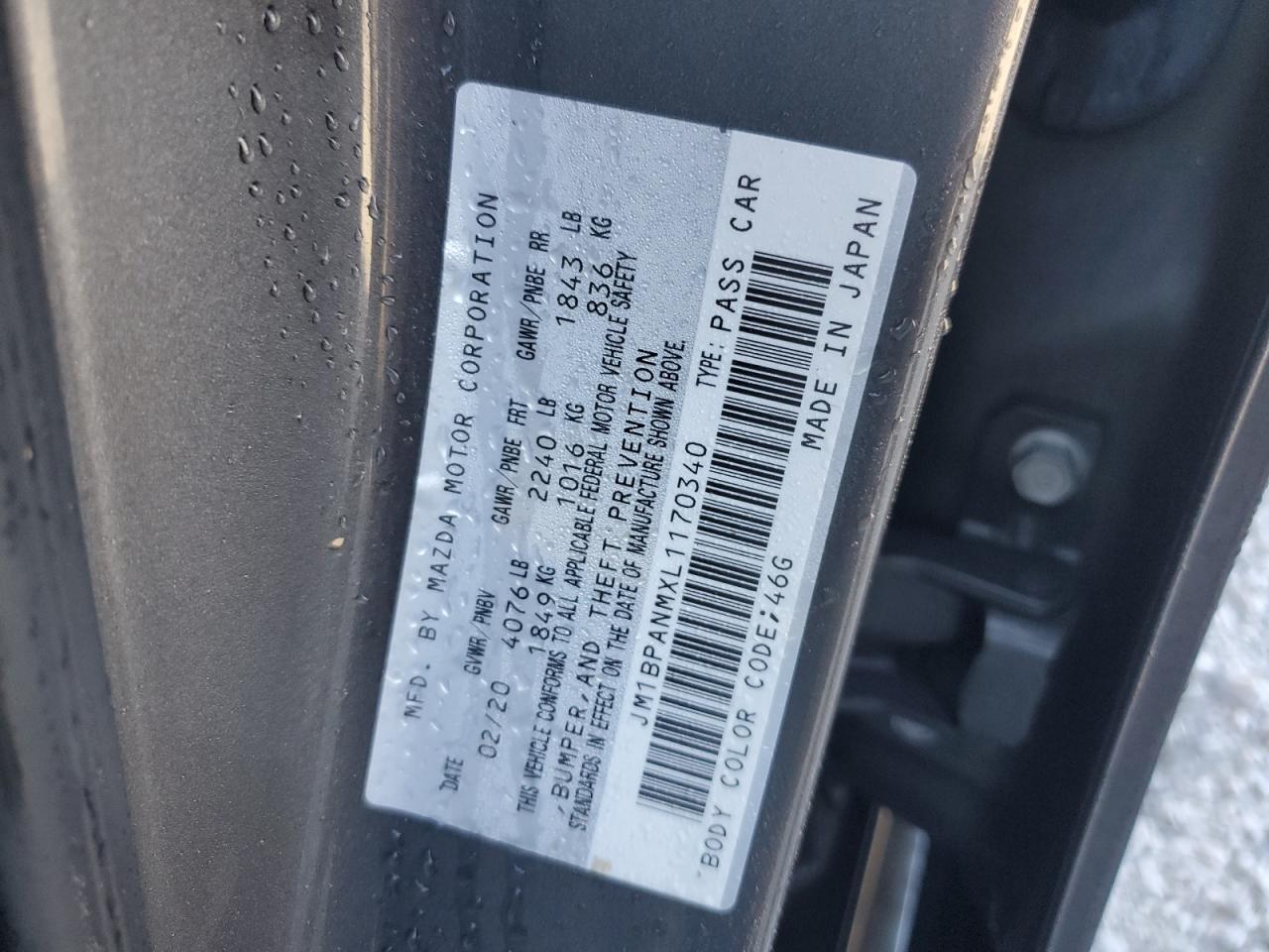 2020 Mazda 3 VIN JM1BPANMXL1170340 Copart auction photo, water/flood damage thumbnail 13