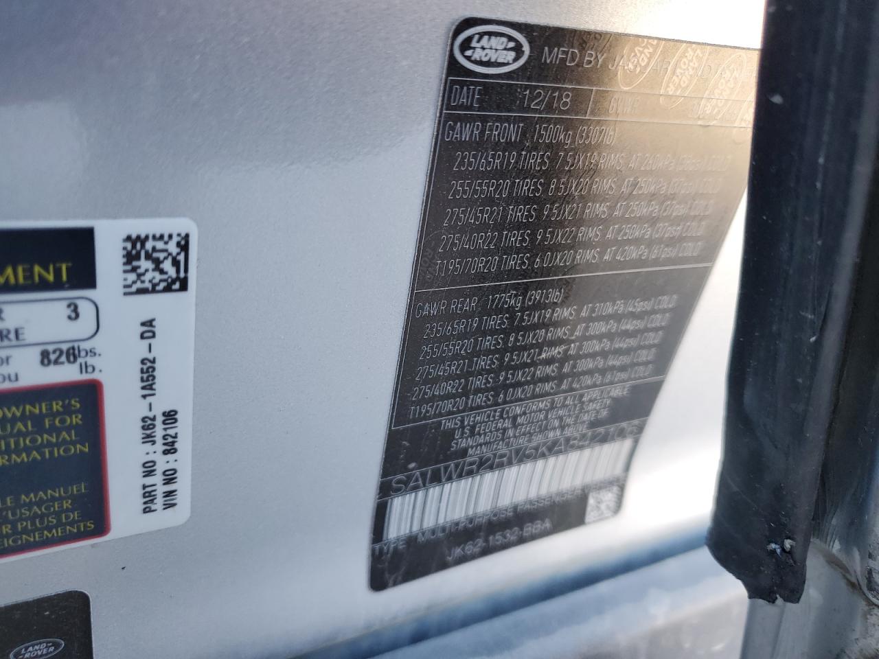 2019 Land Rover Range Rover VIN SALWR2RV5KA842106 Copart auction photo, side / front end damage thumbnail 13