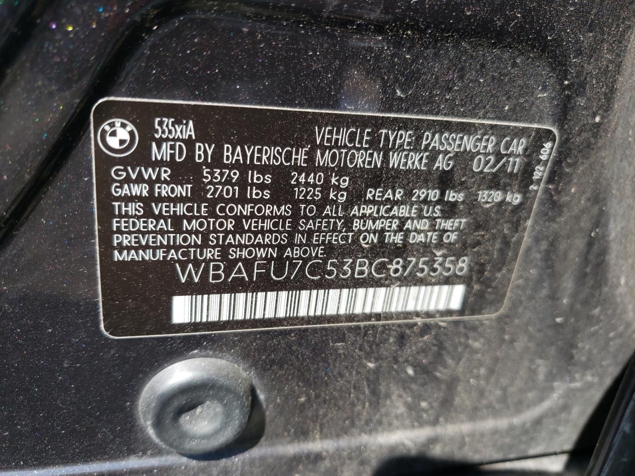 2011 BMW 5er VIN WBAFU7C53BC875358 Copart auction photo, water/flood / minor dent/scratches damage thumbnail 15