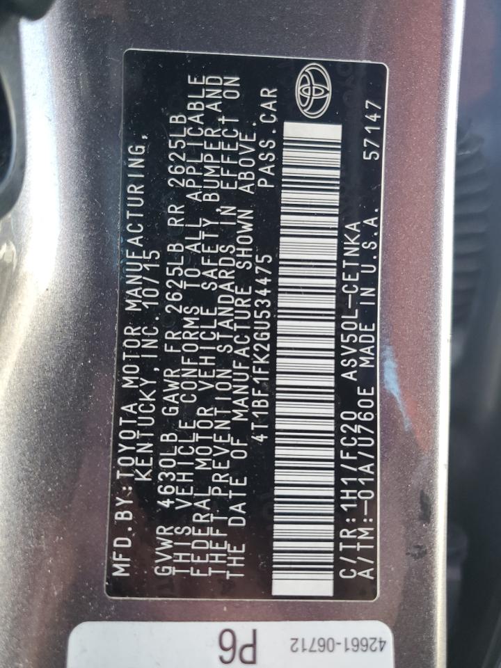 2016 Toyota Camry VIN 4T1BF1FK2GU534475 Copart auction photo, rear end damage thumbnail 12