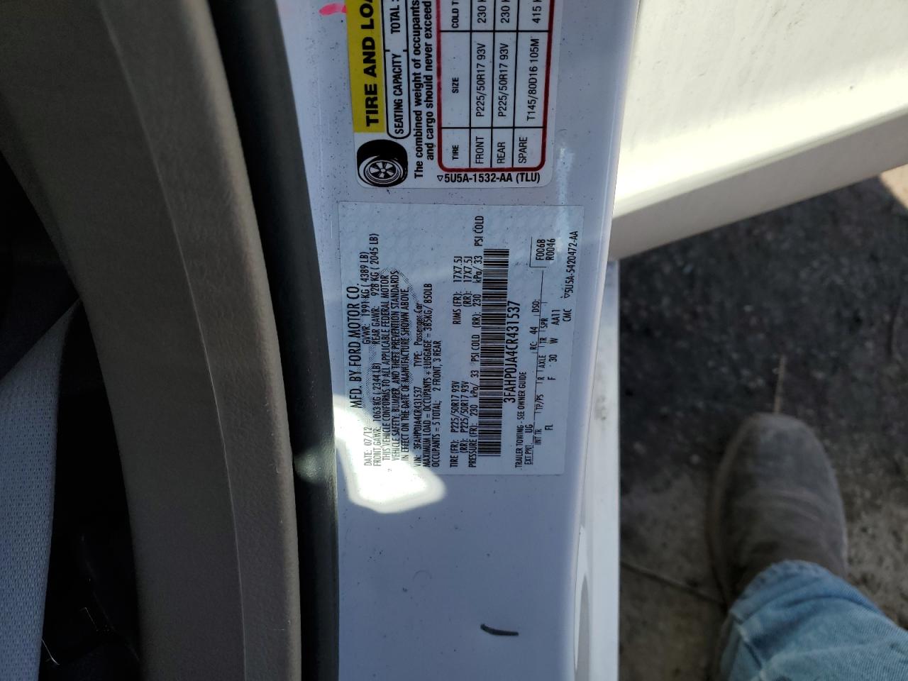 2012 Ford Fusion VIN 3FAHP0JA4CR431537 Copart auction photo, front end damage thumbnail 12