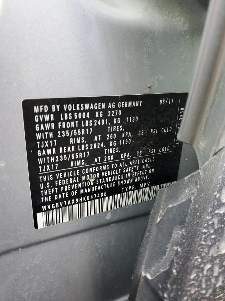 2017 Volkswagen Tiguan VIN WVGBV7AX9HK047408 Copart auction photo, rear end damage thumbnail 12