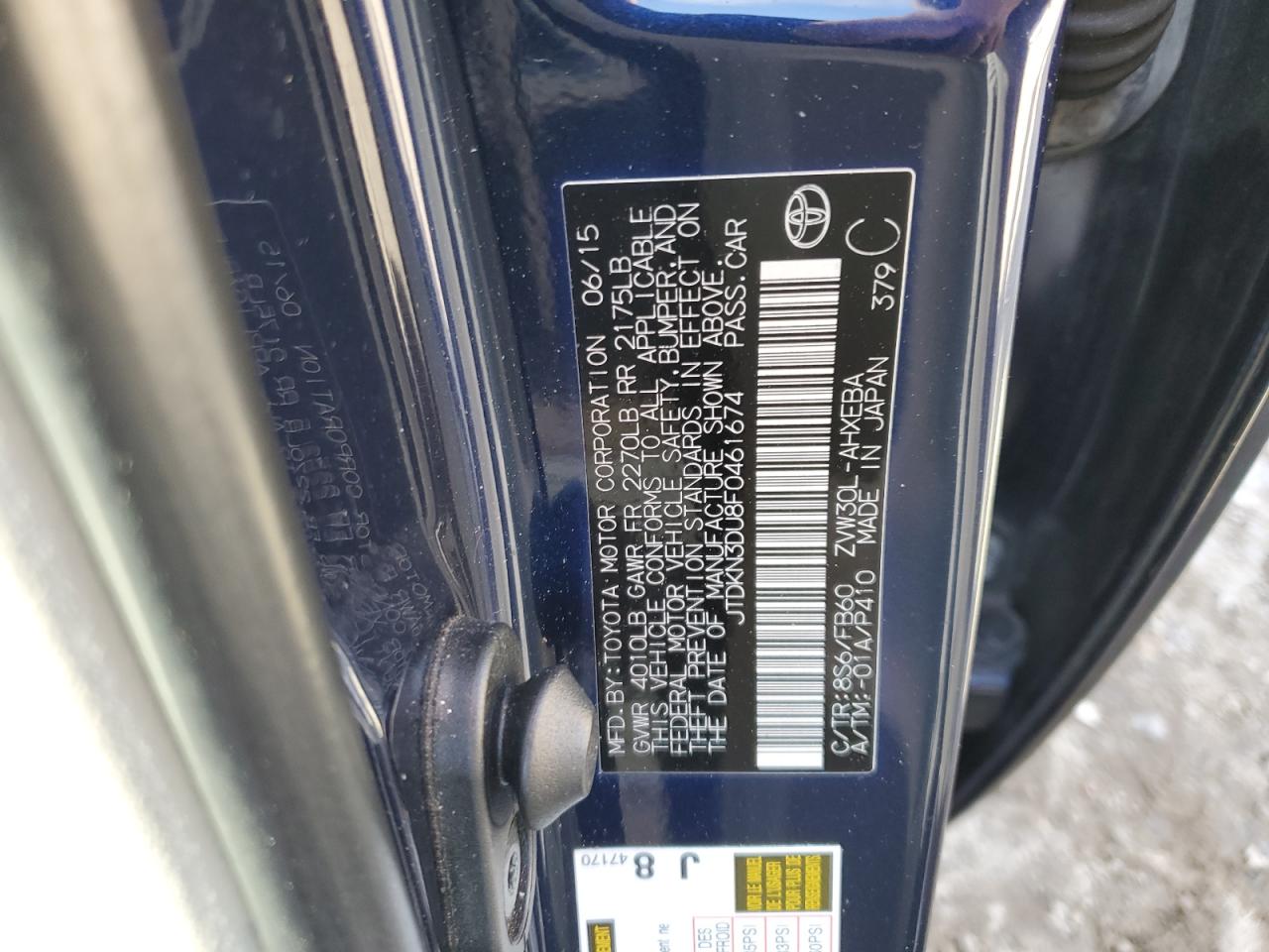 2015 Toyota Prius VIN JTDKN3DU8F0461674 Copart auction photo, rear end damage thumbnail 12