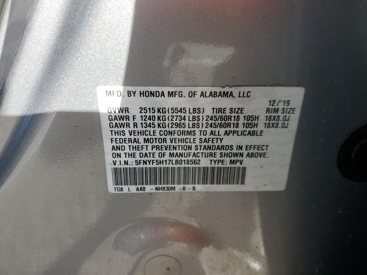 2020 Honda Pilot VIN 5FNYF5H17LB018562 Copart auction photo, front end / minor dent/scratches damage thumbnail 15
