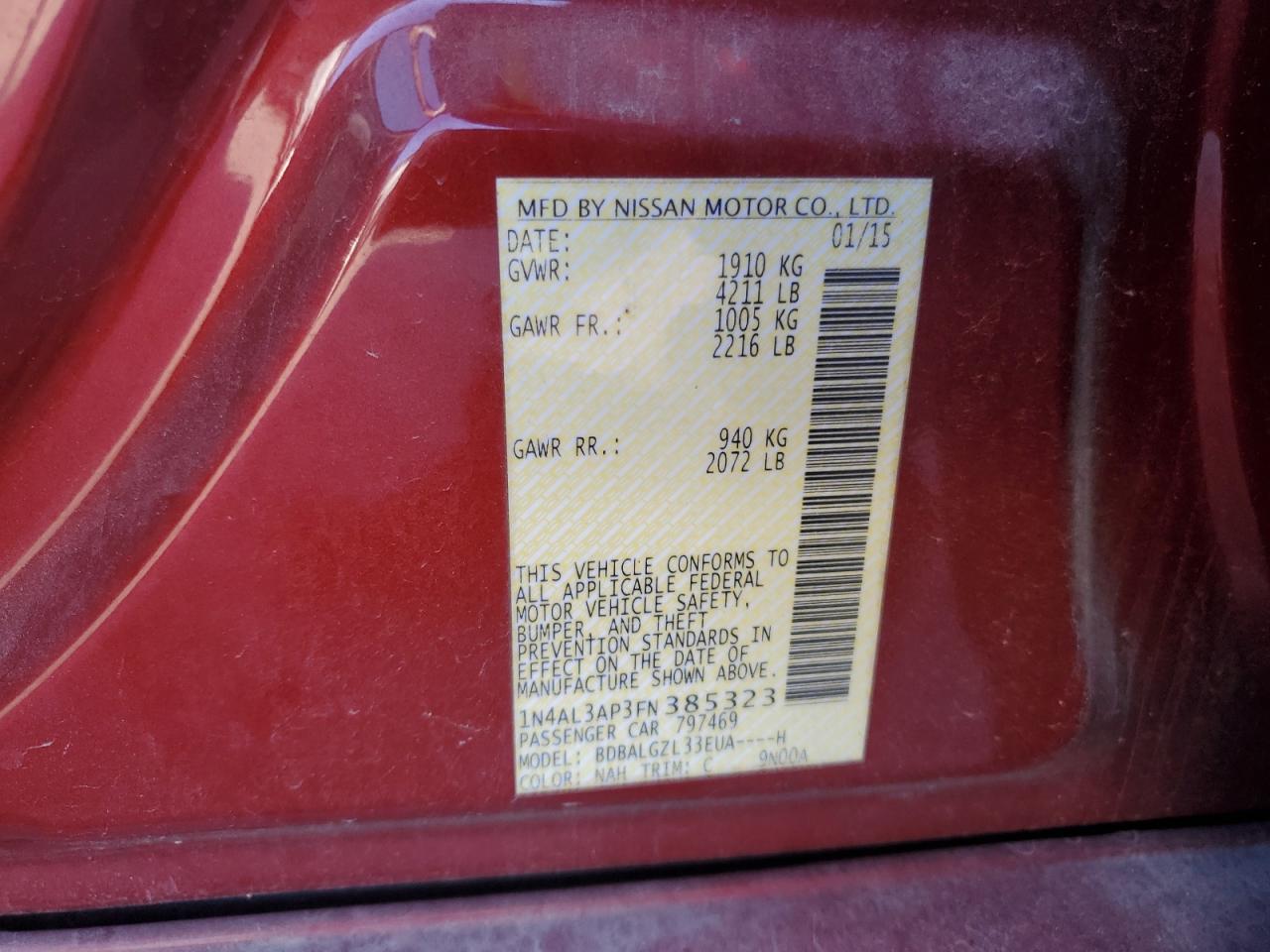 2015 Nissan Altima VIN 1N4AL3AP3FN385323 Copart auction photo, all over damage thumbnail 12